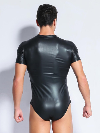 セクシーなキャットスーツ PUレザー ブラック メンズ 半袖 ジップ ボディスーツ