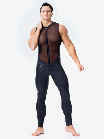 セクシーなキャットスーツ PUレザー ブラック メンズ セクシー メッシュ ボディスーツ