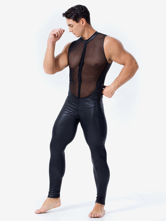 セクシーなキャットスーツ PUレザー ブラック メンズ セクシー メッシュ ボディスーツ