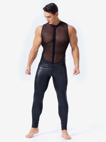 セクシーなキャットスーツ PUレザー ブラック メンズ セクシー メッシュ ボディスーツ