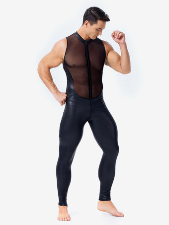 セクシーなキャットスーツ PUレザー ブラック メンズ セクシー メッシュ ボディスーツ