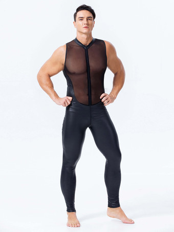 セクシーなキャットスーツ PUレザー ブラック メンズ セクシー メッシュ ボディスーツ