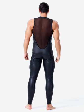 セクシーなキャットスーツ PUレザー ブラック メンズ セクシー メッシュ ボディスーツ