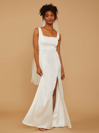 アイボリーブライズメイドドレス Aライン マキシレングス ジッパー サテン生地 ウェディングパーティードレス