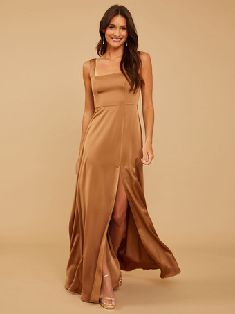 アンバーブライズメイドドレス Aライン マキシレングス ジッパー サテン生地 ウェディングパーティードレス