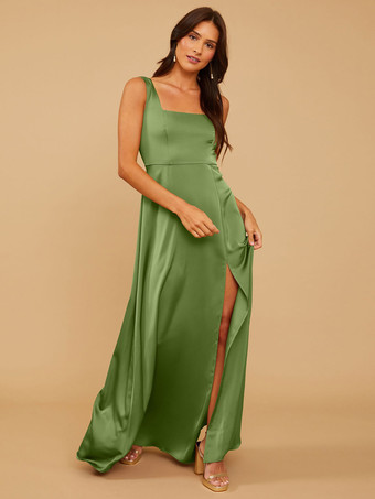 アボカドグリーンブライズメイドドレス Aライン マキシレングス ジッパー サテン生地 ウェディングパーティードレス