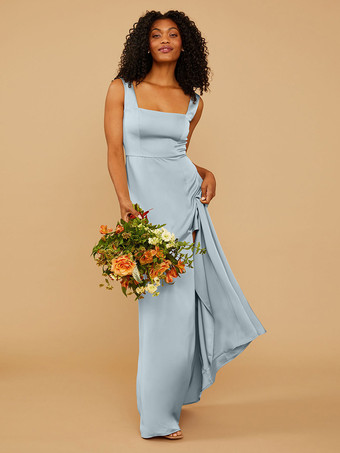 ベビーブルーブライズメイドドレス Aライン マキシレングス ジッパー サテン生地 ウェディングパーティードレス