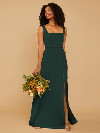 ダークグリーンブライズメイドドレス Aライン マキシレングス ジッパー サテン生地 ウェディングパーティードレス