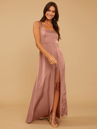 ダークピンクブライズメイドドレス Aライン マキシレングス ジッパー サテン生地 ウェディングパーティードレス