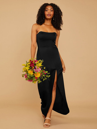 ブラックブライドメイドドレス サテン生地 シース マキシレングス ウェディングパーティードレス