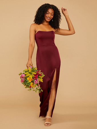 バーガンディーブライドメイドドレス サテン生地 シース マキシレングス ウェディングパーティードレス