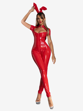レッド セクシー全身タイツ PVC コスチューム ブラック PVC 女性用 メンタル ジャンプスーツ セクシー パーティー コスチューム