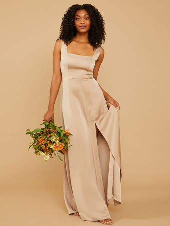 シャンパンブライズメイドドレス Aライン マキシレングス ジッパー サテン生地 ウェディングパーティードレス