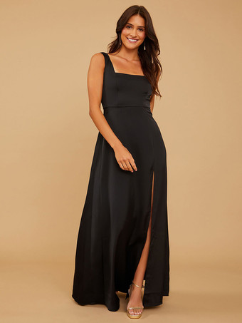 ブラックブライズメイドドレス Aライン マキシレングス ジッパー サテン生地 ウェディングパーティードレス