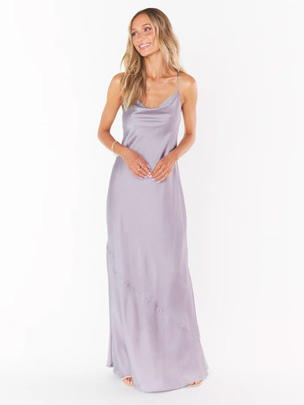 ライラックブライドメイドドレス シース床長さ バックレス サテン生地 プロムドレス