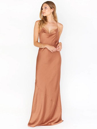 ブラウンブライドメイドドレス シース床長さ バックレス サテン生地 プロムドレス