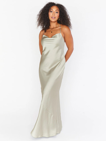 セージグリーンブライドメイドドレス シース床長さ バックレス サテン生地 プロムドレス