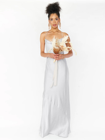 シルバーブライドメイドドレス シース床長さ バックレス サテン生地 プロムドレス