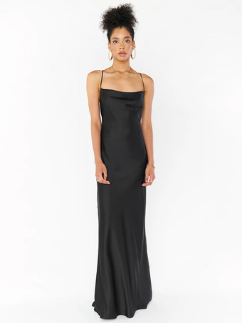 ブラックブライドメイドドレス シース床長さ バックレス サテン生地 プロムドレス