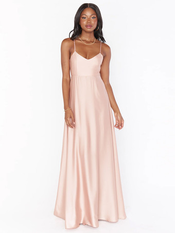 ソフトピンクブライドメイドドレス サテン生地 Aライン マキシレングス プロムドレス