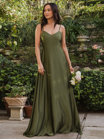 ダークグリーンブライドメイドドレス サテン生地 Aライン マキシレングス プロムドレス