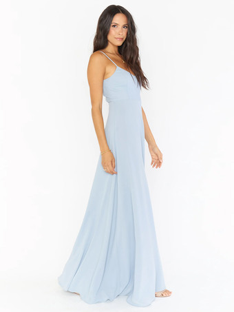 ベビーブルーブライドメイドドレス サテン生地 Aライン マキシレングス プロムドレス