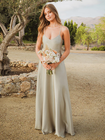 セージグリーンブライドメイドドレス サテン生地 Aライン マキシレングス プロムドレス