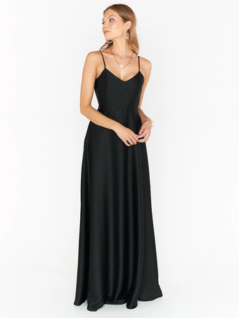 ブラックブライドメイドドレス サテン生地 Aライン マキシレングス プロムドレス