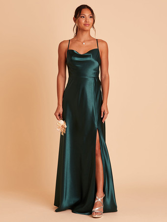 ダークグリーンブライドメイドドレス サテン生地 Aライン マキシレングス ウェディングパーティードレス
