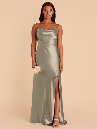 セージグリーンブライドメイドドレス サテン生地 Aライン マキシレングス ウェディングパーティードレス