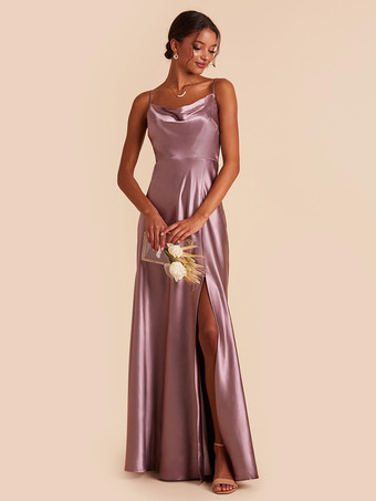 バイオレットブライドメイドドレス サテン生地 Aライン マキシレングス ウェディングパーティードレス