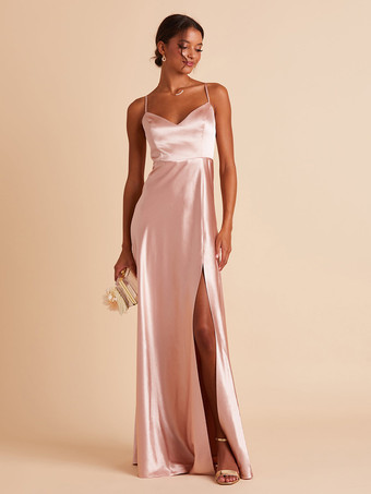 ソフトピンクブライドメイドドレス Aライン マキシレングス バックレス サテン生地 ウェディングパーティードレス