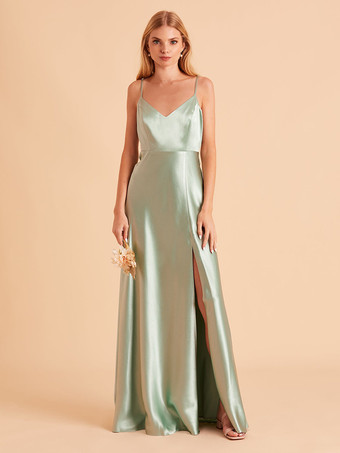 セージグリーンブライドメイドドレス Aライン マキシレングス バックレス サテン生地 ウェディングパーティードレス