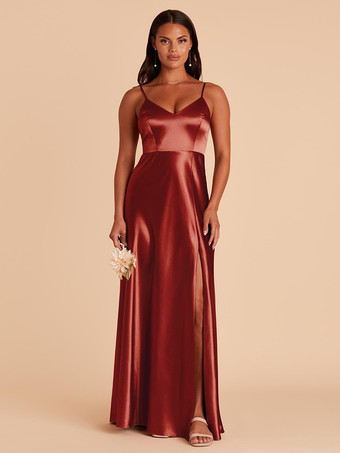 ブリックレッドブライドメイドドレス Aライン マキシレングス バックレス サテン生地 ウェディングパーティードレス