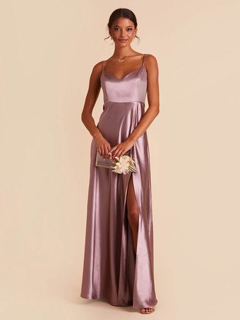 ラベンダーブライドメイドドレス Aライン マキシレングス バックレス サテン生地 ウェディングパーティードレス