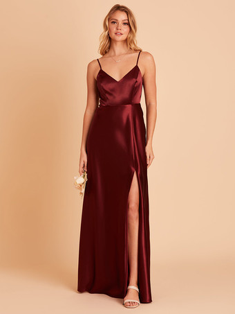バーガンディーブライドメイドドレス Aライン マキシレングス バックレス サテン生地 ウェディングパーティードレス
