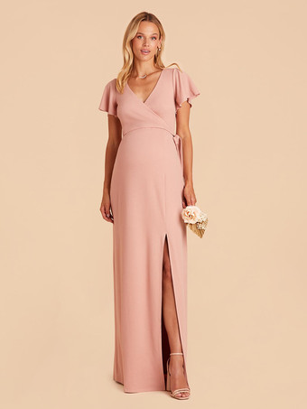 ソフトピンクブライドメイドドレス シフォン Aライン マキシレングス ウェディングパーティードレス