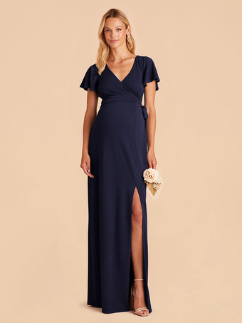 ダークネイビーブライドメイドドレス シフォン Aライン マキシレングス ウェディングパーティードレス