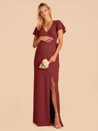 マルーンブライドメイドドレス シフォン Aライン マキシレングス ウェディングパーティードレス