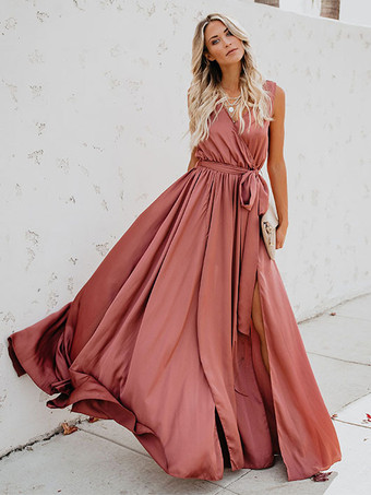 Wrap Dress Sleeveless Blush Pink V Neck Knotted Slit Prom Maxi Dresses