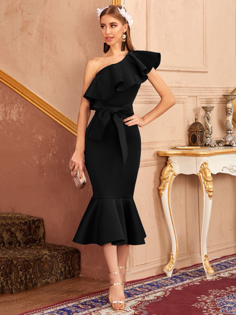 Birthday Party Dresses Black One Shoulder Sleeveless Open Shoulder Long Prom Midi Dress