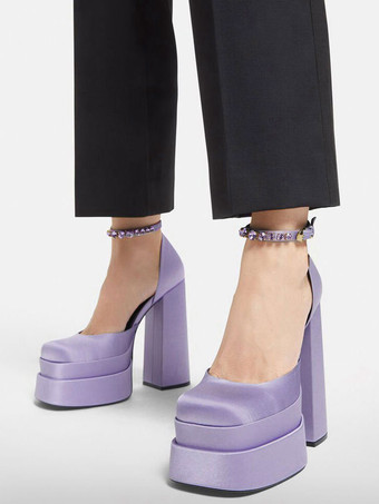 女性のチャンキープラットフォームヒールブライダルウェディングシューズ、ラインストーンアンクルストラップ付き