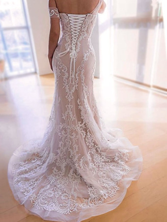 レース ウェディングドレス ピーチ ウェディングドレス マーメイドライン 結婚式 オフショルダー チュール ブライダル ノースリーブ スウィープトレーン ウェディング ナチュラルウェストライン レースアップ オーダーメイドも可能