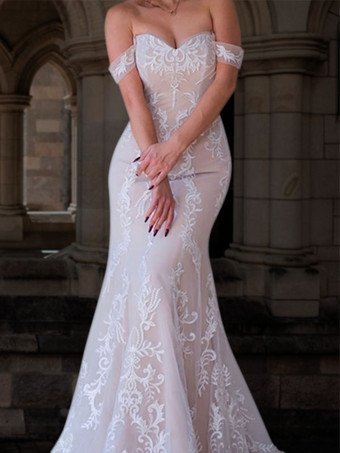 レース ウェディングドレス ピーチ ウェディングドレス マーメイドライン 結婚式 オフショルダー チュール ブライダル ノースリーブ スウィープトレーン ウェディング ナチュラルウェストライン レースアップ オーダーメイドも可能