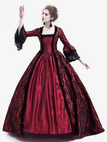 中世 ドレス 女性用 プリンセス 貴族ドレス バーガンディー 長袖 バロック風 パーティー レトロ ヨーロッパ 宮廷風 中世 ドレス・貴族ドレス