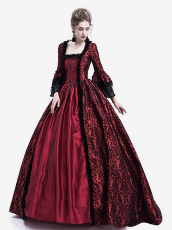 中世 ドレス 女性用 プリンセス 貴族ドレス バーガンディー 長袖 バロック風 パーティー レトロ ヨーロッパ 宮廷風 中世 ドレス・貴族ドレス