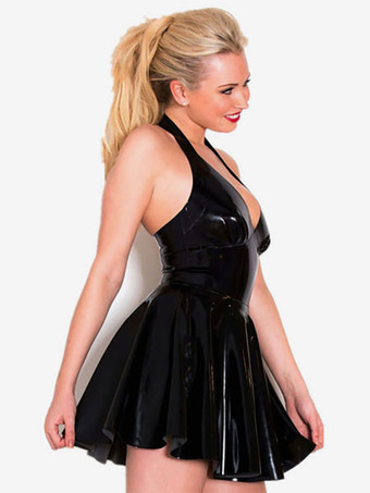 セクシー全身タイツ ブラックラテックスドレス　2025　プランジングネックライン　バックレススケータードレスレディース