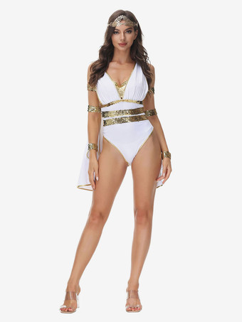 ギリシャのコスプレ衣装 セクシーな白い女性用ジャンプスーツ ハロウィン ホリデー コスチューム
