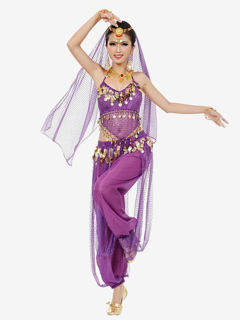 パープル ベリーダンス衣装　コスチューム　ブルー アラビアン 衣装　シフォン　ボリウッド　ダンスドレス　ベール付き　女性用　ハロウィン　2025