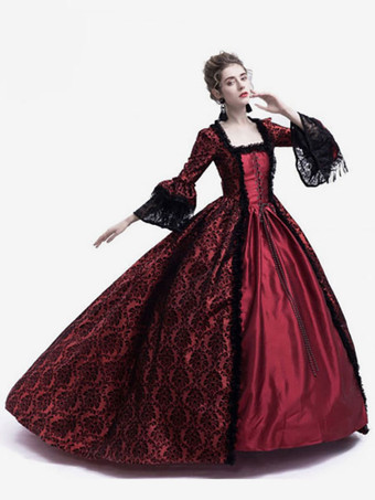 中世 ドレス 女性用 プリンセス 貴族ドレス バーガンディー 長袖 バロック風 パーティー レトロ ヨーロッパ 宮廷風 中世 ドレス・貴族ドレス